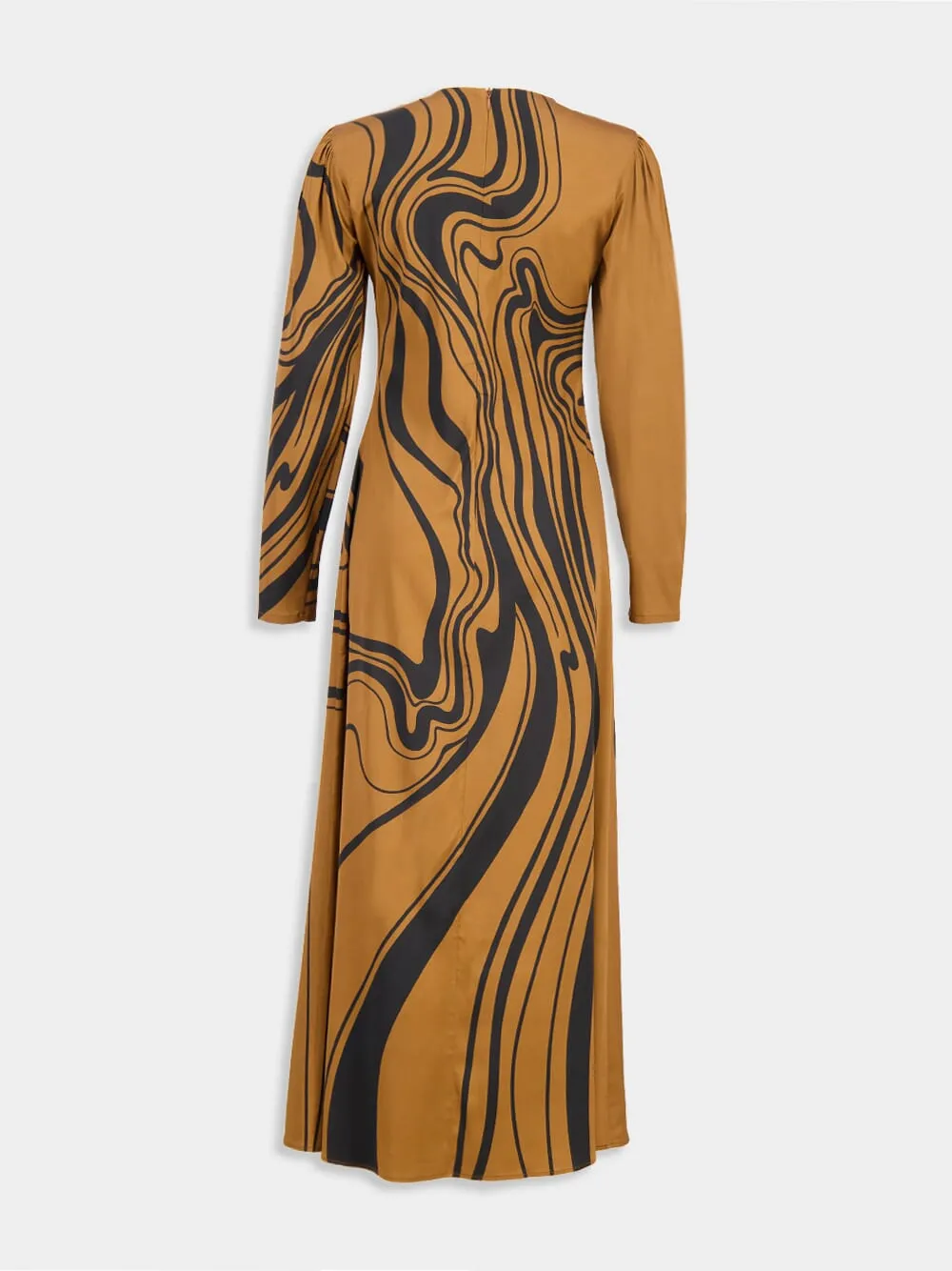 Brown Big Blooms Long-Sleeve Stretch Satin Dress sold by Fashion Clinic product image thumbnail 4