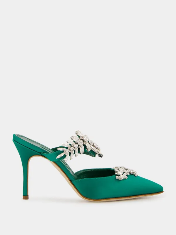 Green Satin Crystal Embellished Mules sold by Fashion Clinic