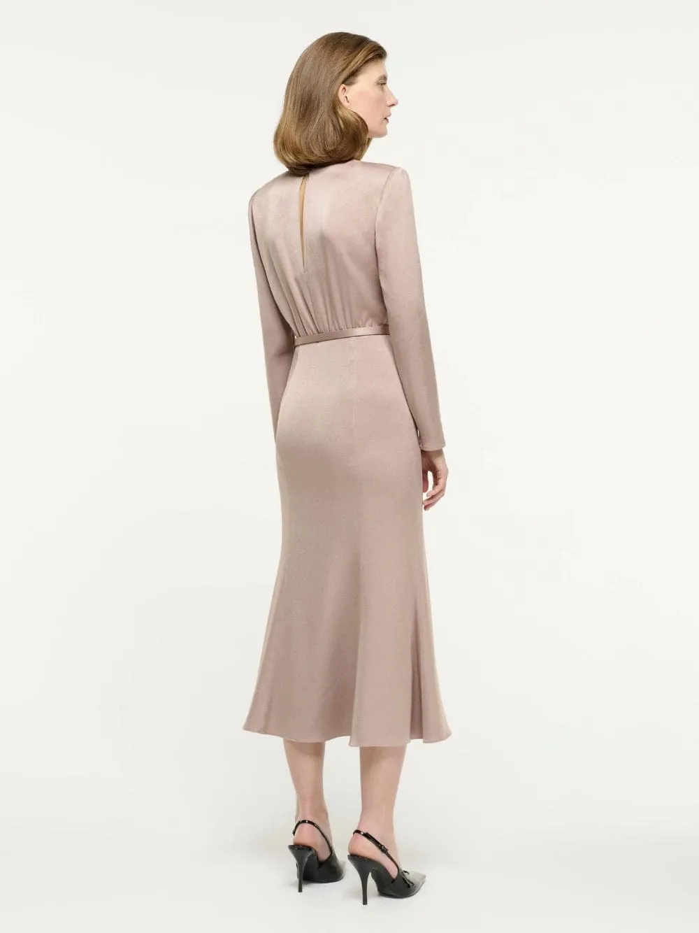 Beige Cowl Drape Satin Crepe Midi Dress sold by Fashion Clinic product image thumbnail 4