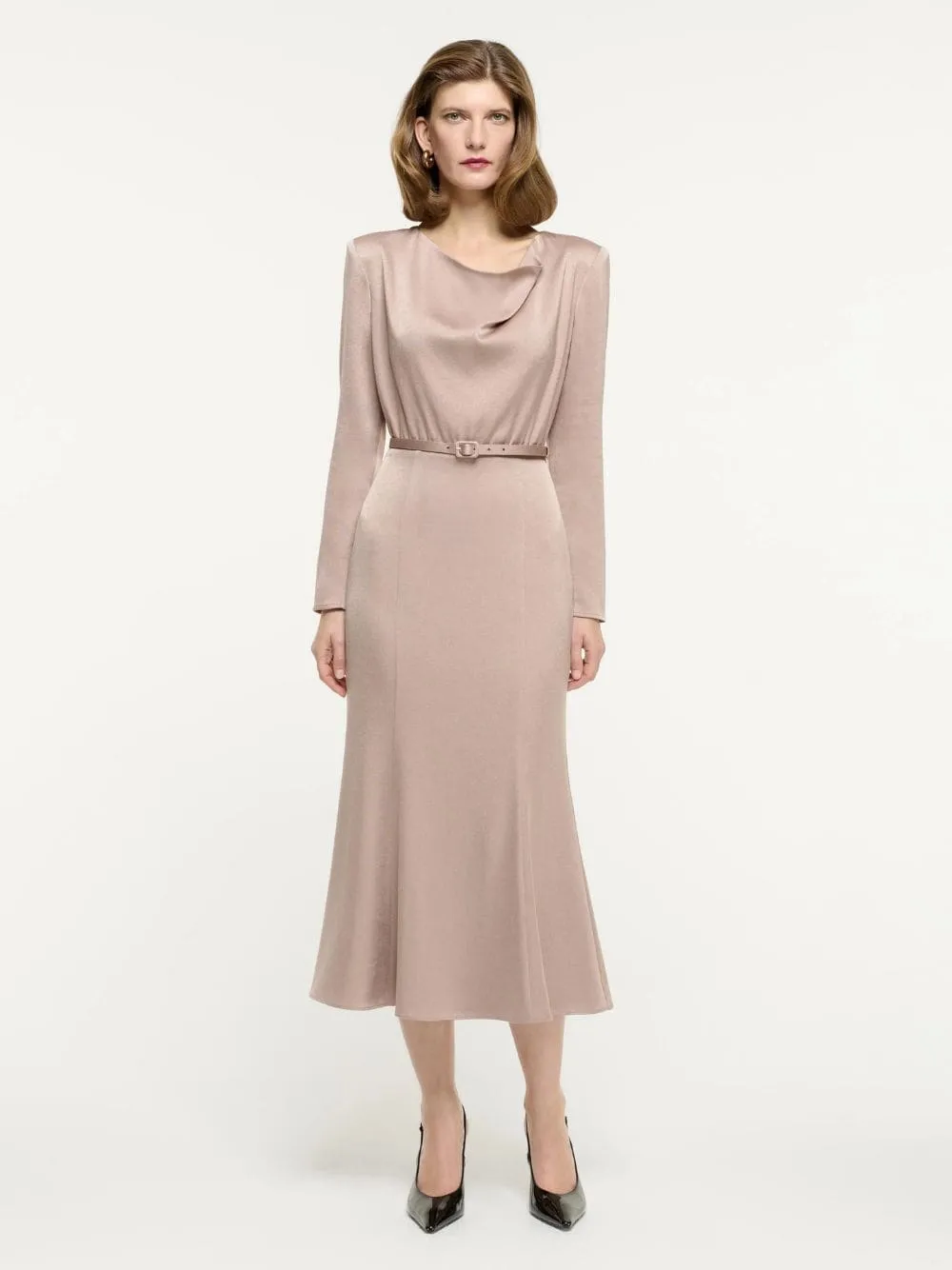 Beige Cowl Drape Satin Crepe Midi Dress sold by Fashion Clinic product image thumbnail 2