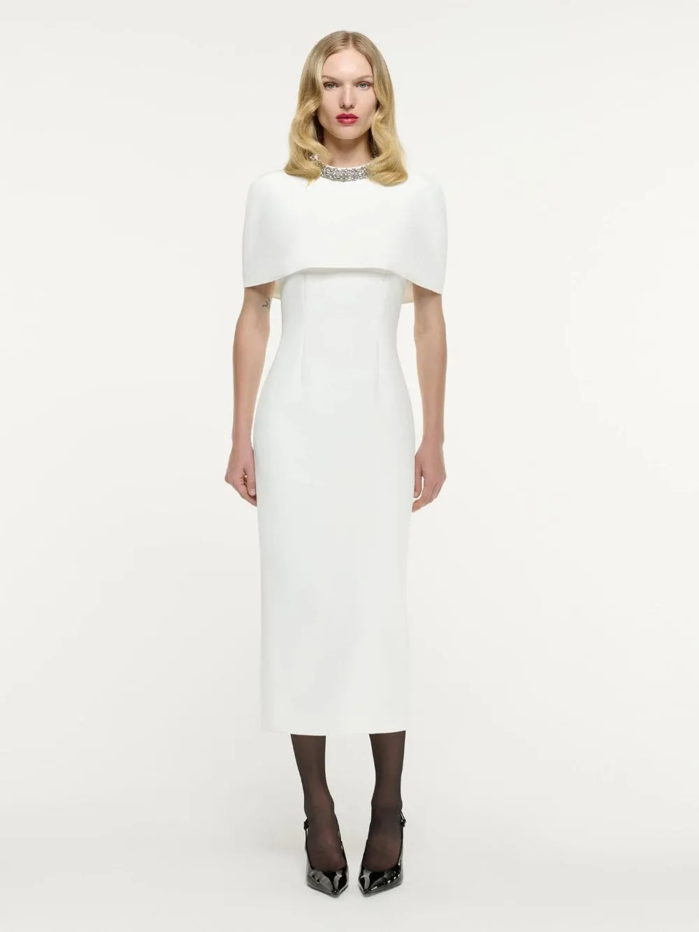 White Cape Embellished Crepe Midi Dress sold by Fashion Clinic