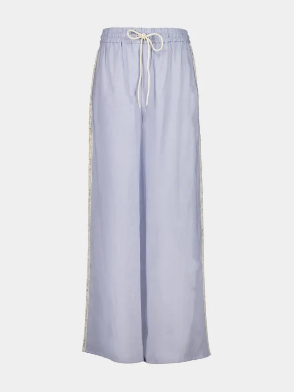 Dusty Blue Everley Lace Trim Wide-Leg Pants sold by Fashion Clinic