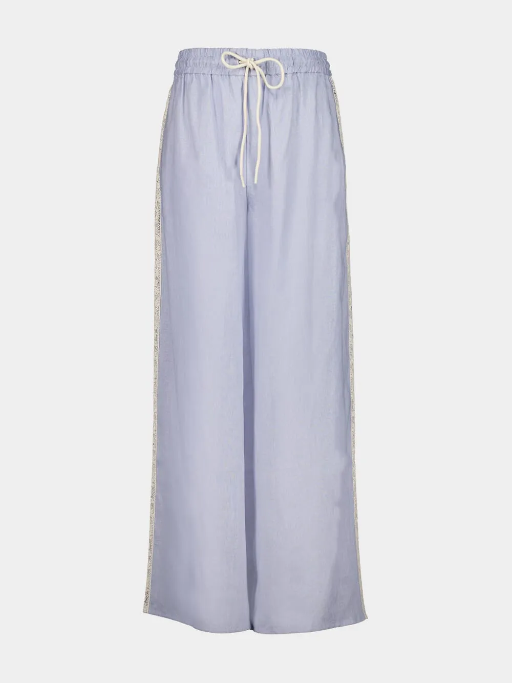Dusty Blue Everley Lace Trim Wide-Leg Pants sold by Fashion Clinic