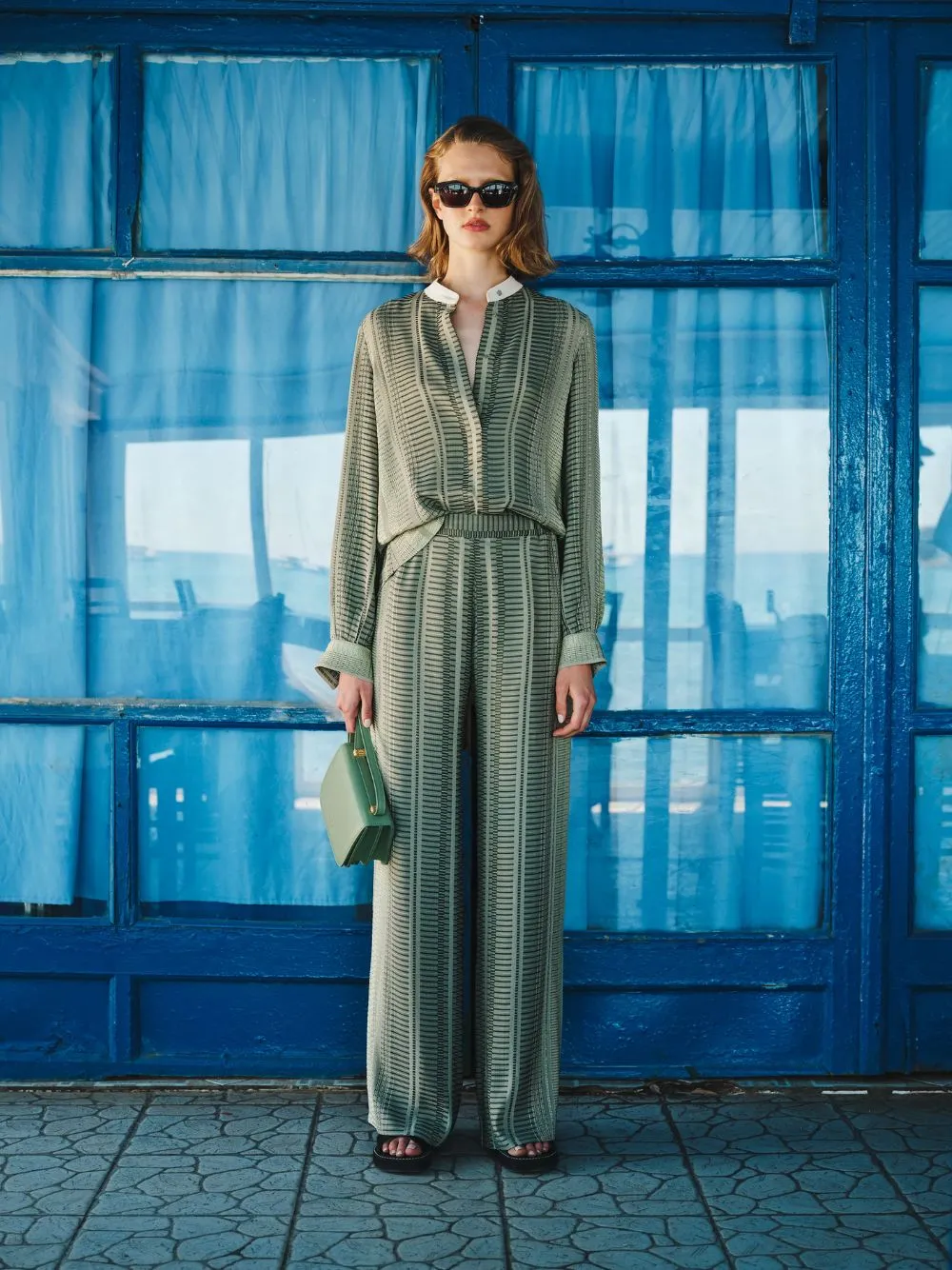 Sage Green Hera Textured Silk Blouse sold by Fashion Clinic