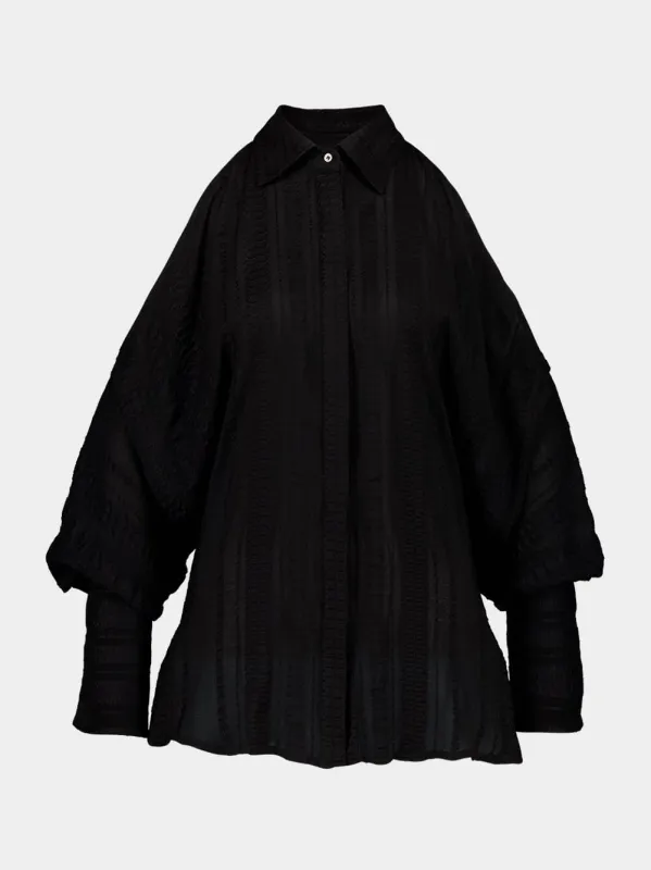 Black Off-Shoulder Geranium Textured Silk Shirt sold by Fashion Clinic