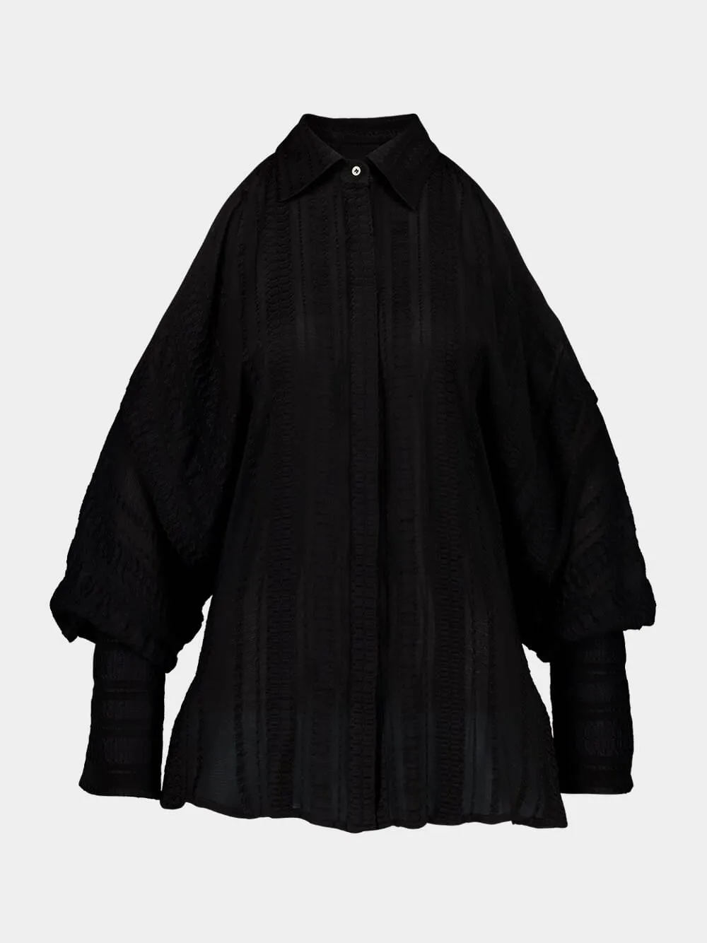 Black Off-Shoulder Geranium Textured Silk Shirt sold by Fashion Clinic