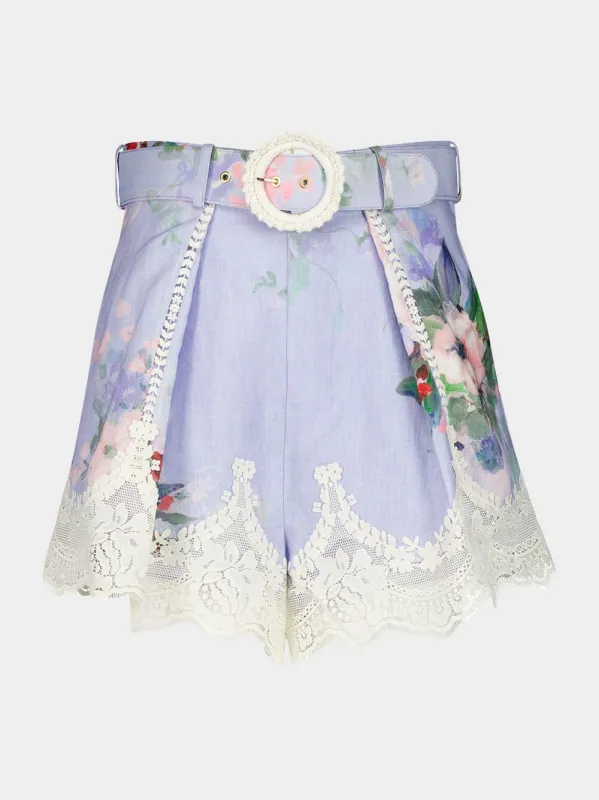 Light Blue Everley Lace Trim Tuck Shorts made by Zimmermann