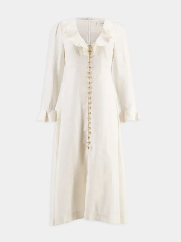 Cream V-Neck Midi Dress with Daisy Buttons sold by Fashion Clinic