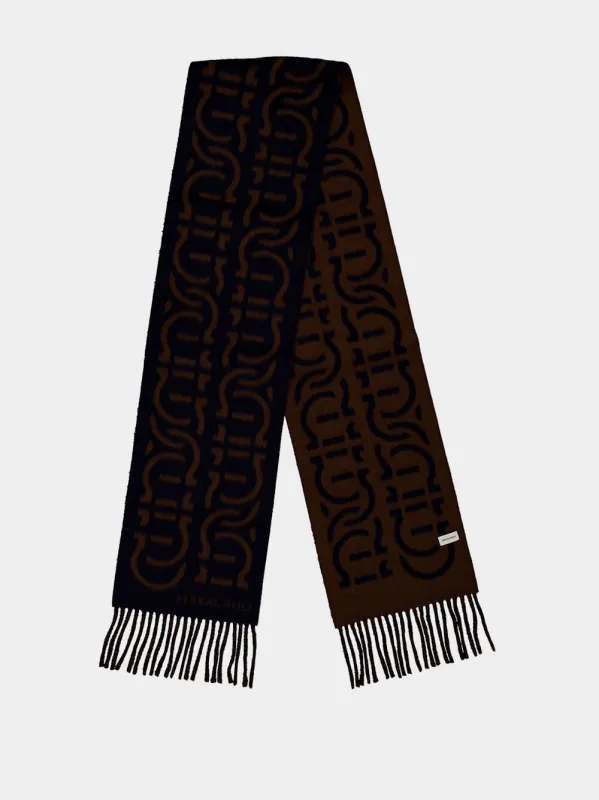 Gancini Jacquard Scarf in Espresso & Midnight Blue sold by Fashion Clinic