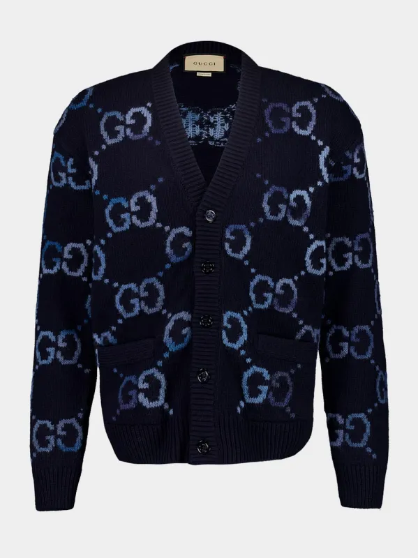 Navy Wool GG Intarsia Cardigan sold by Fashion Clinic