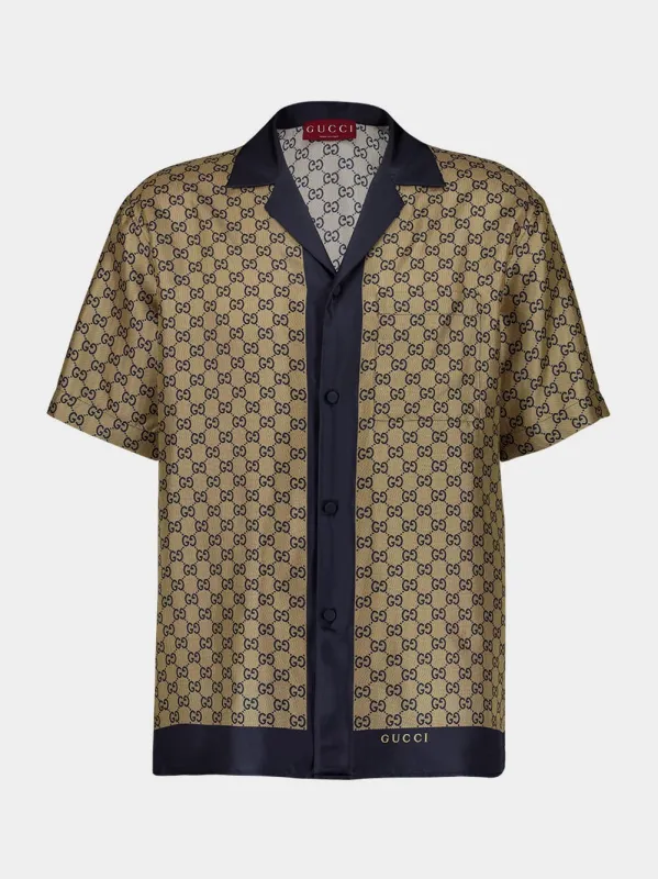 Beige and Blue Printed Silk Shirt sold by Fashion Clinic
