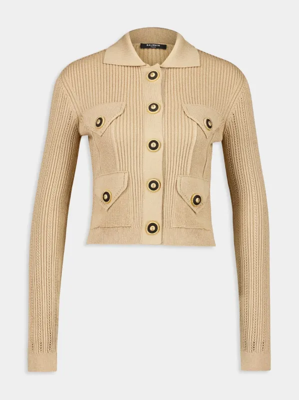 Beige Cropped Ribbed Knit Cardigan made by Balmain