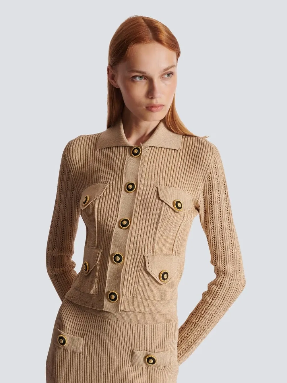 Beige Cropped Ribbed Knit Cardigan sold by Fashion Clinic product image thumbnail 2