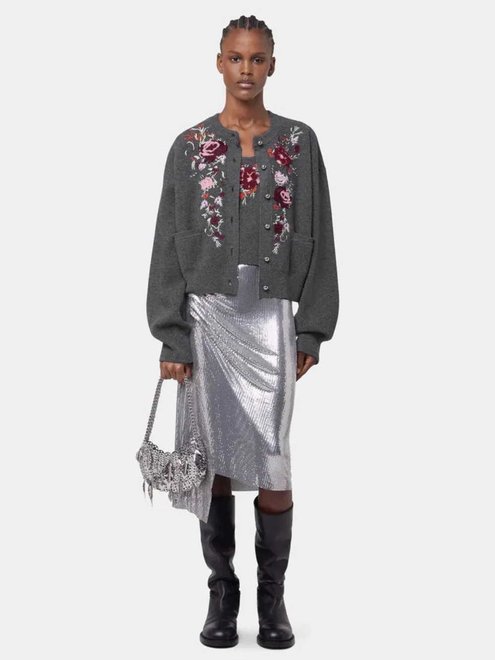 Grey Wool Cashmere Floral Embroidered Cardigan sold by Fashion Clinic product image thumbnail 2