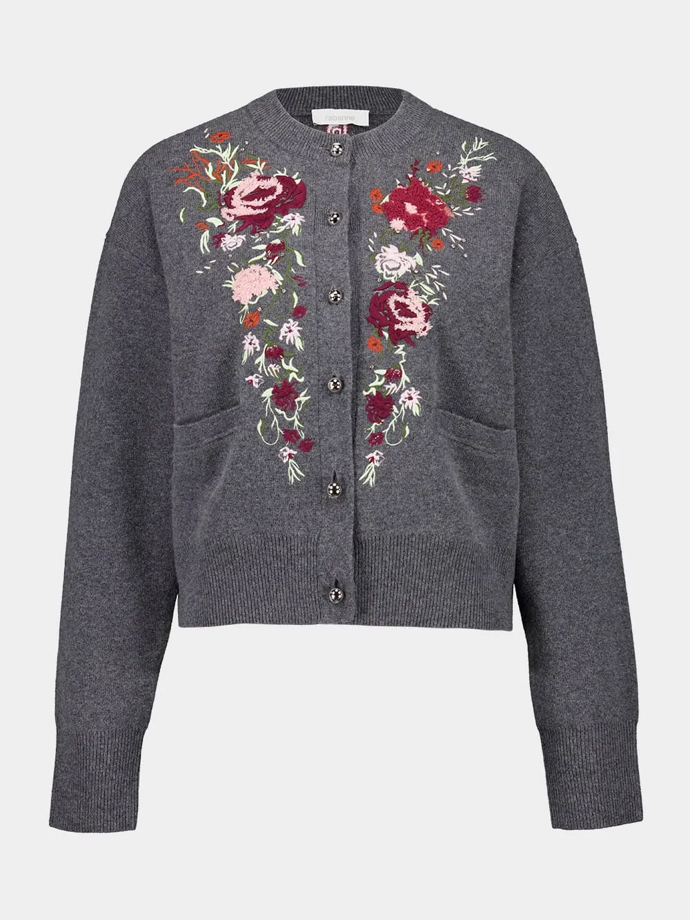 Grey Wool Cashmere Floral Embroidered Cardigan sold by Fashion Clinic