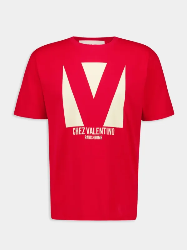 Red Cotton T-Shirt with Chez Valentino Print sold by Fashion Clinic