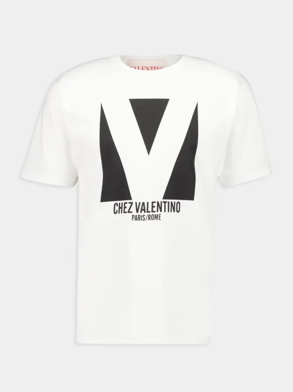 White Chez Valentino Print Cotton T-Shirt sold by Fashion Clinic