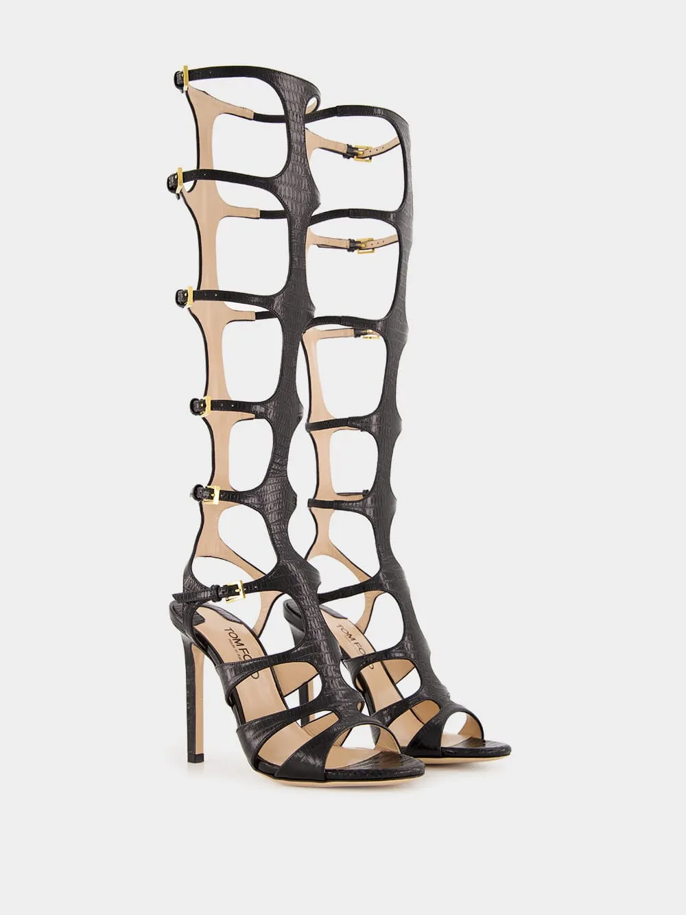 Black Knee-High Stamped Leather Sandals sold by Fashion Clinic product image thumbnail 5