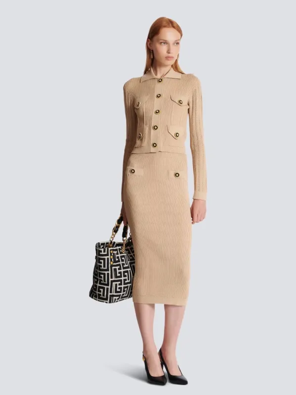 Beige Ribbed Knit Midi Skirt sold by Fashion Clinic