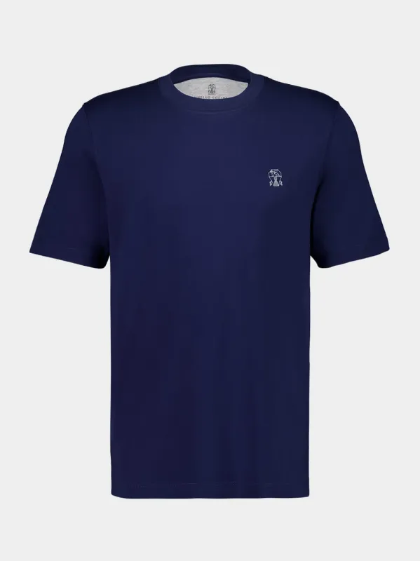 Dark Blue Cotton Crew-Neck T-Shirt with Logo made by Fashion Clinic
