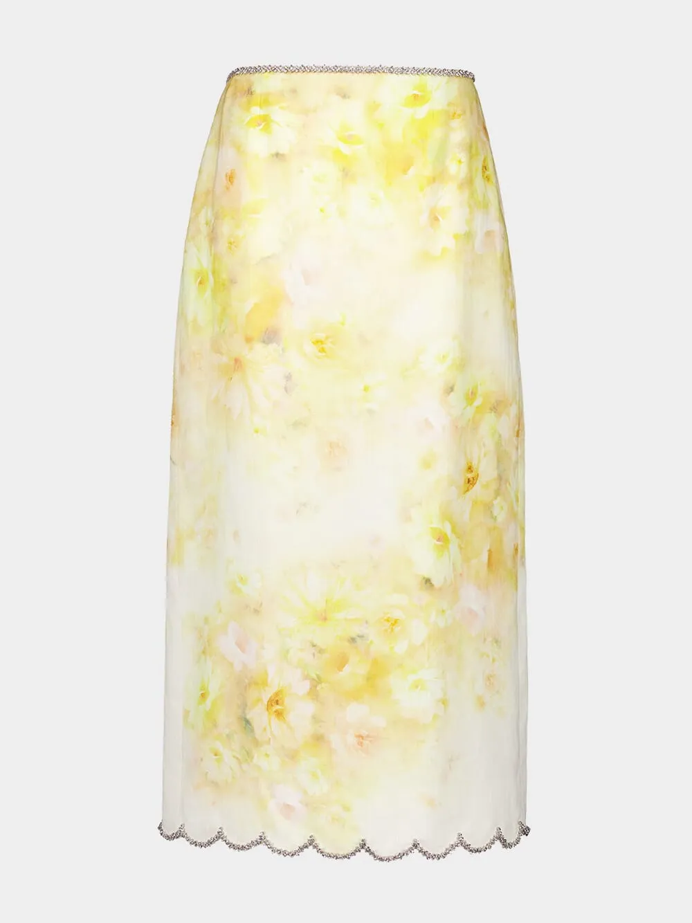 Yellow Floral Crush Scalloped Midi Skirt sold by Fashion Clinic