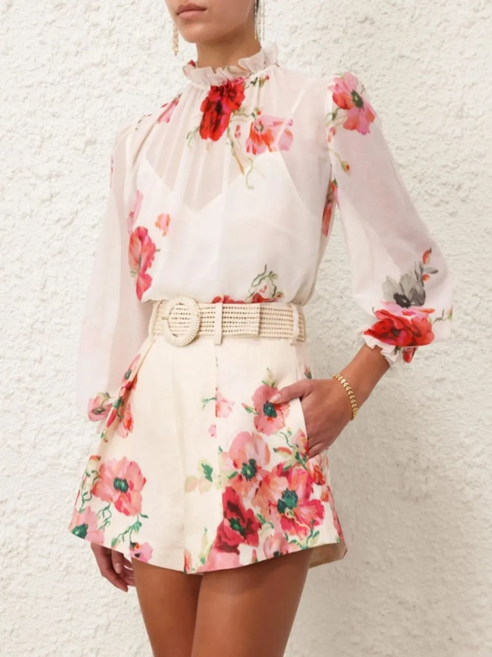 Cream Floral Ruffled Neckline Blouse sold by Fashion Clinic product image thumbnail 2