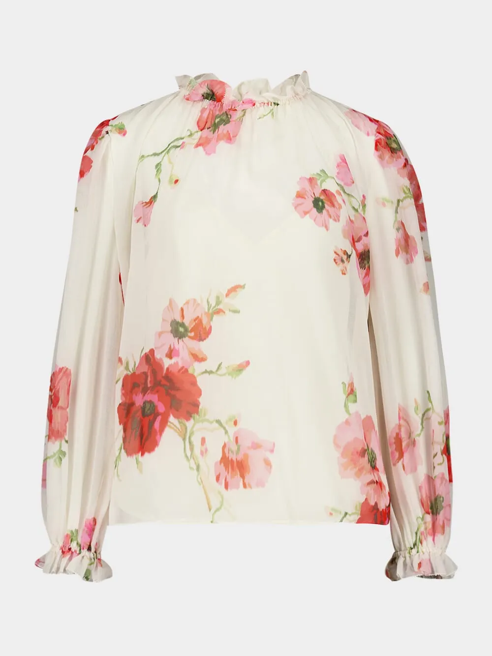 Cream Floral Ruffled Neckline Blouse sold by Fashion Clinic