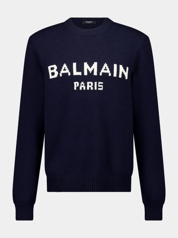 Navy Blue Intarsia Logo Sweater made by Balmain