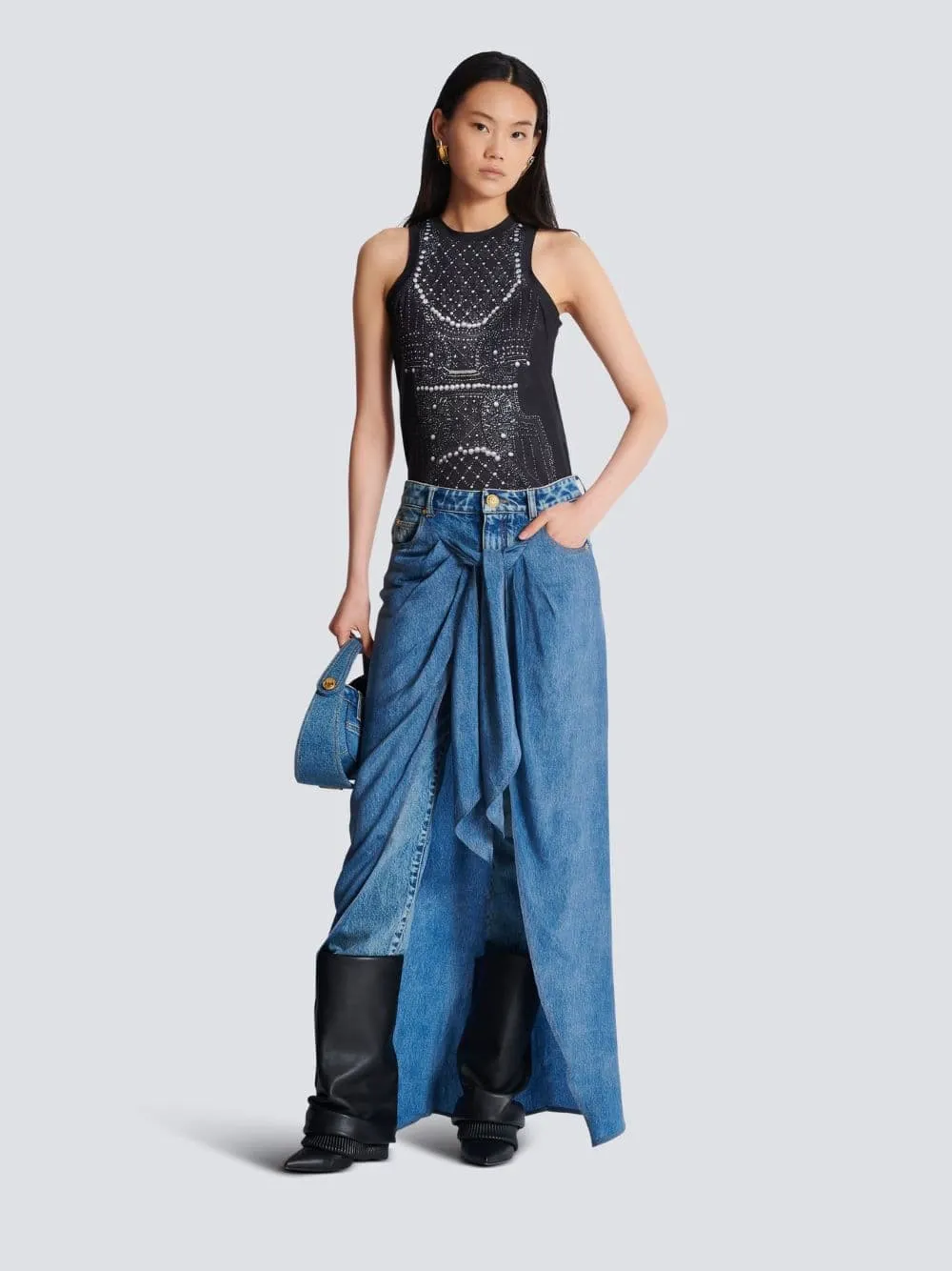 Blue Denim Jeans with Draped Skirt sold by Fashion Clinic