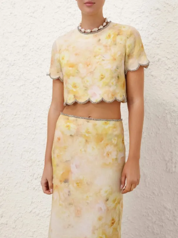 Yellow Floral Crush Scalloped Top made by Zimmermann