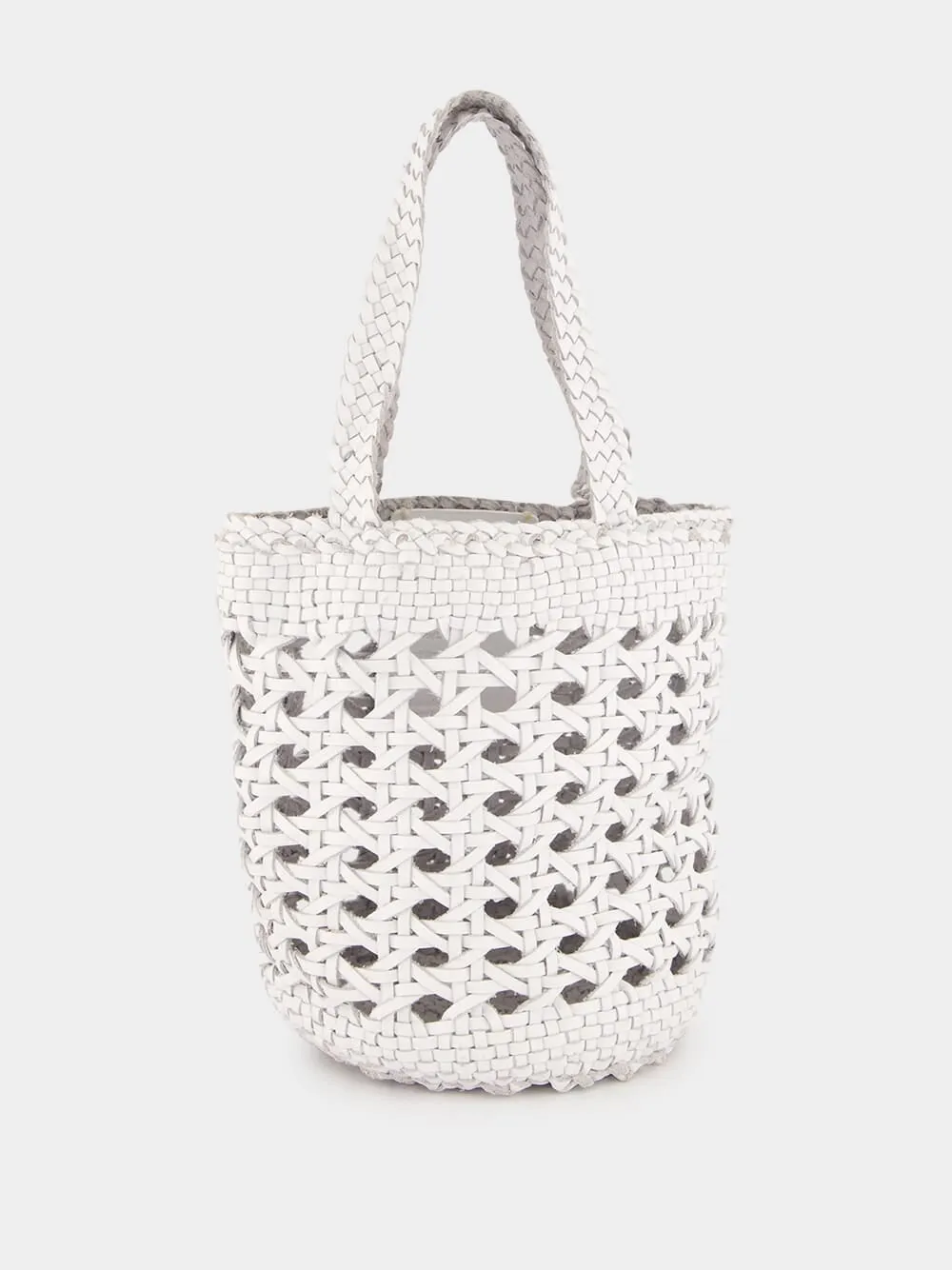 White Handwoven Leather Bucket Bag sold by Fashion Clinic