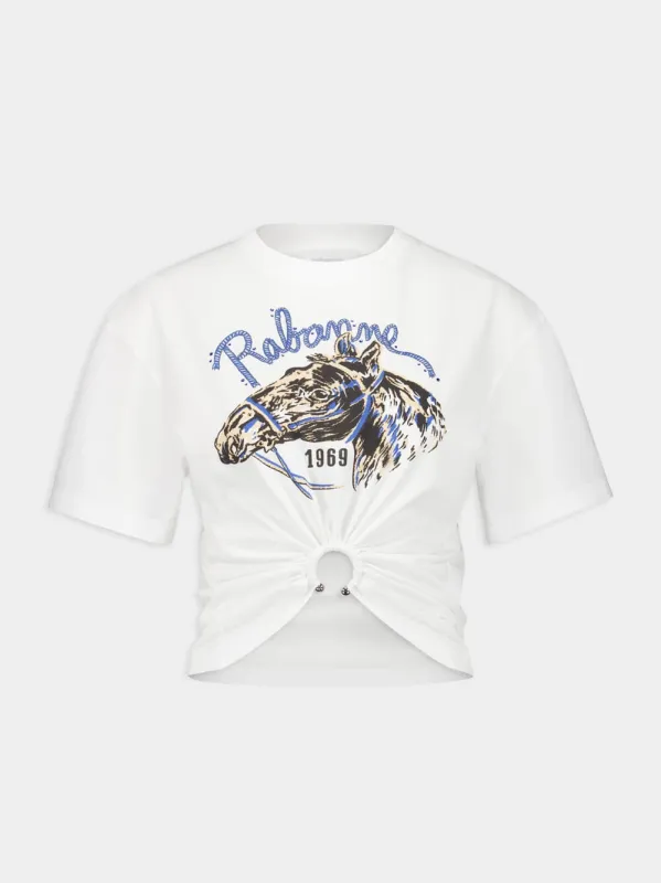 White T-shirt with Horse Print and Piercing Detail sold by Fashion Clinic