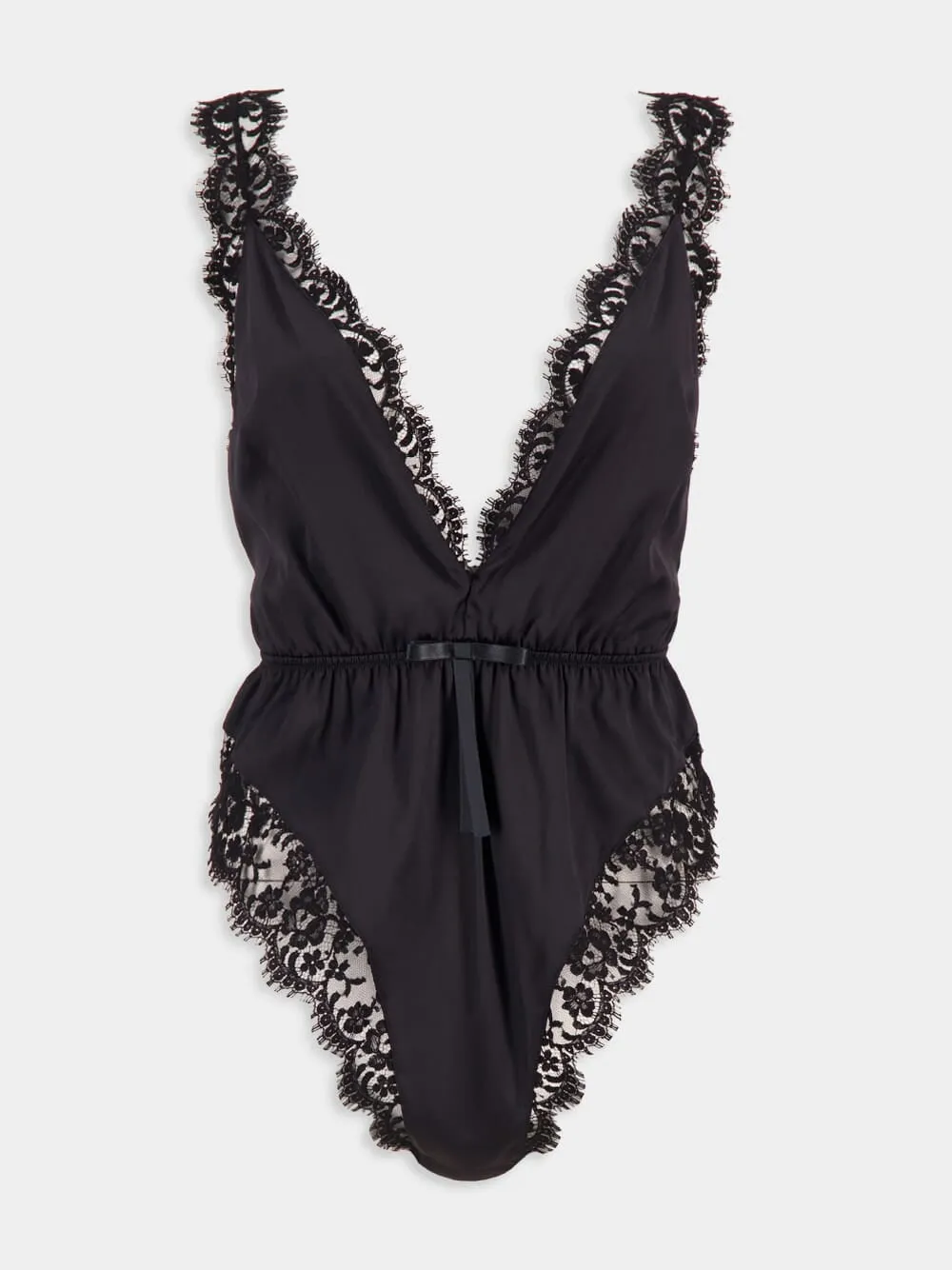 Black Lace Satin Bodysuit sold by Fashion Clinic