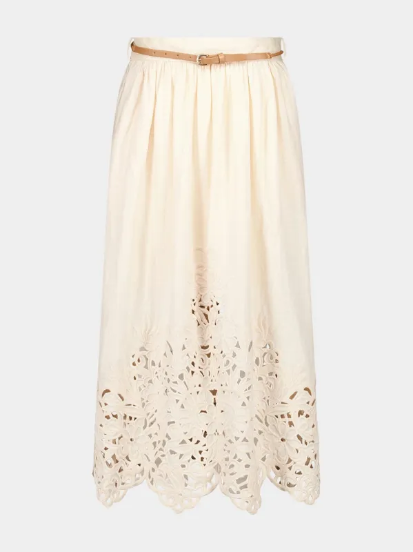 Cream Wylie Embroidered Linen Midi Skirt sold by Fashion Clinic
