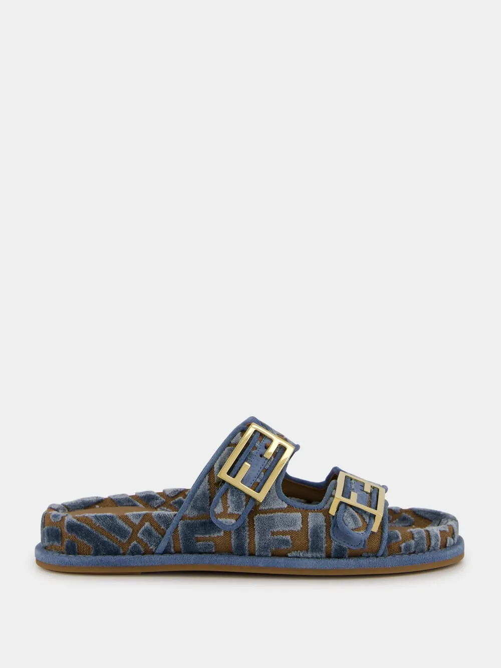 Blue Fendi Feel Jacquard Velvet Slides sold by Fashion Clinic