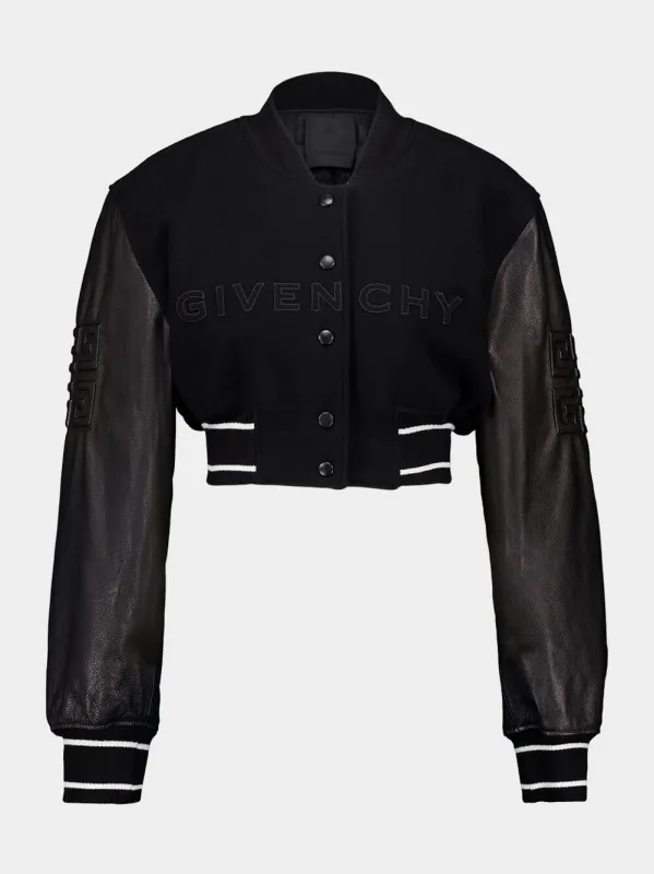 Black Cropped Varsity Jacket sold by Fashion Clinic