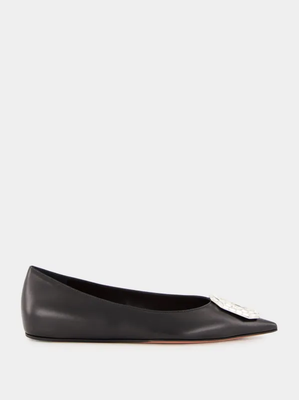 Black Nappa Camelia Flat with White Buckle sold by Fashion Clinic