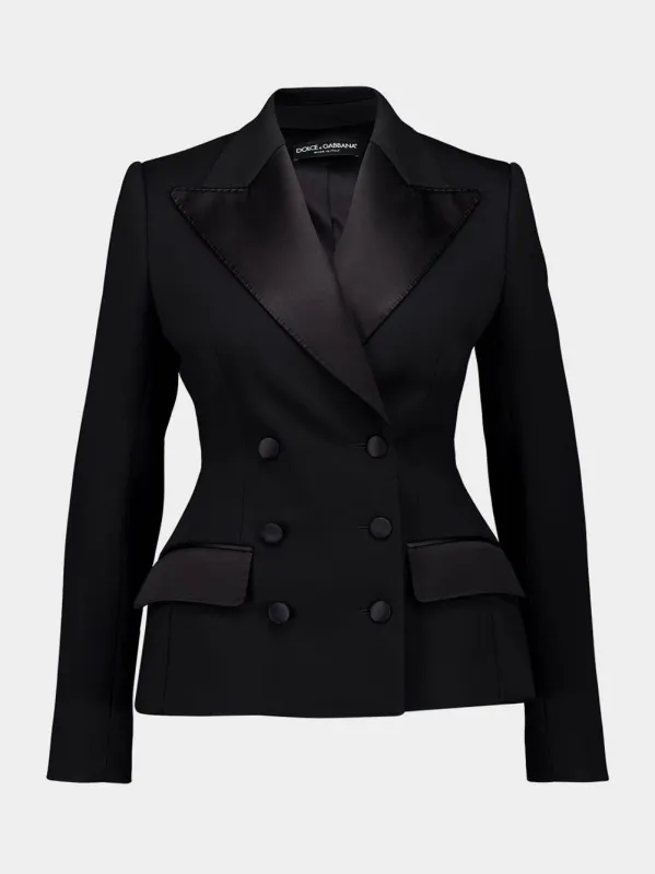 Black Double-Breasted Stretch Wool Tuxedo Jacket sold by Fashion Clinic
