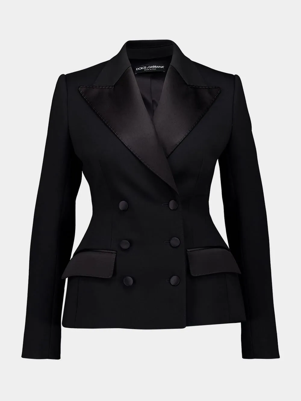Black Double-Breasted Stretch Wool Tuxedo Jacket sold by Fashion Clinic