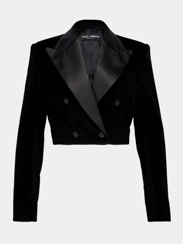 Black Cropped Double-Breasted Velvet Tuxedo Blazer sold by Fashion Clinic