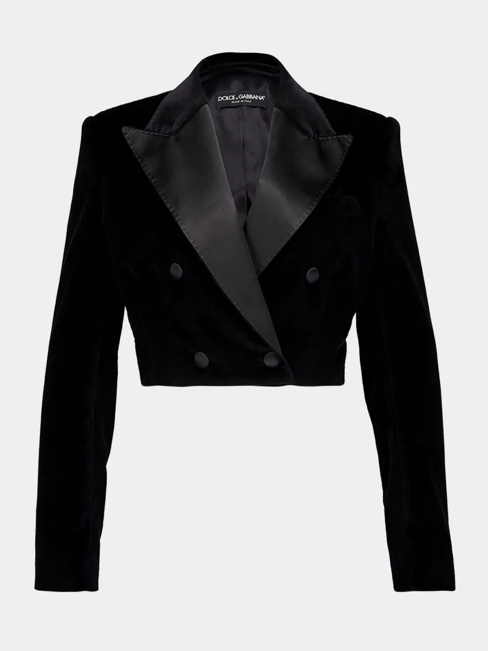 Black Cropped Double-Breasted Velvet Tuxedo Blazer sold by Fashion Clinic