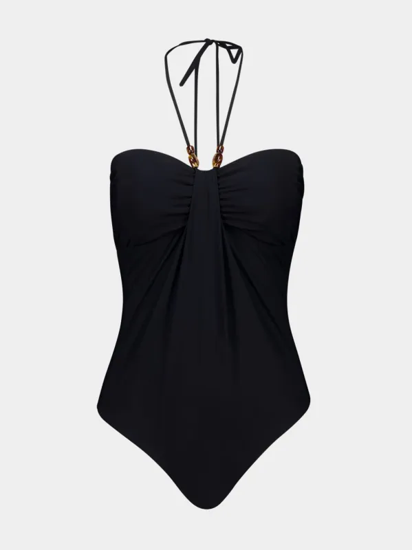 Black Wylie Drape Halter One-Piece Swimsuit sold by Fashion Clinic