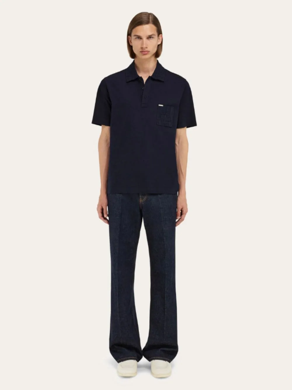 Navy Blue V-Neck Polo with Jacquard Detail sold by Fashion Clinic product image thumbnail 2