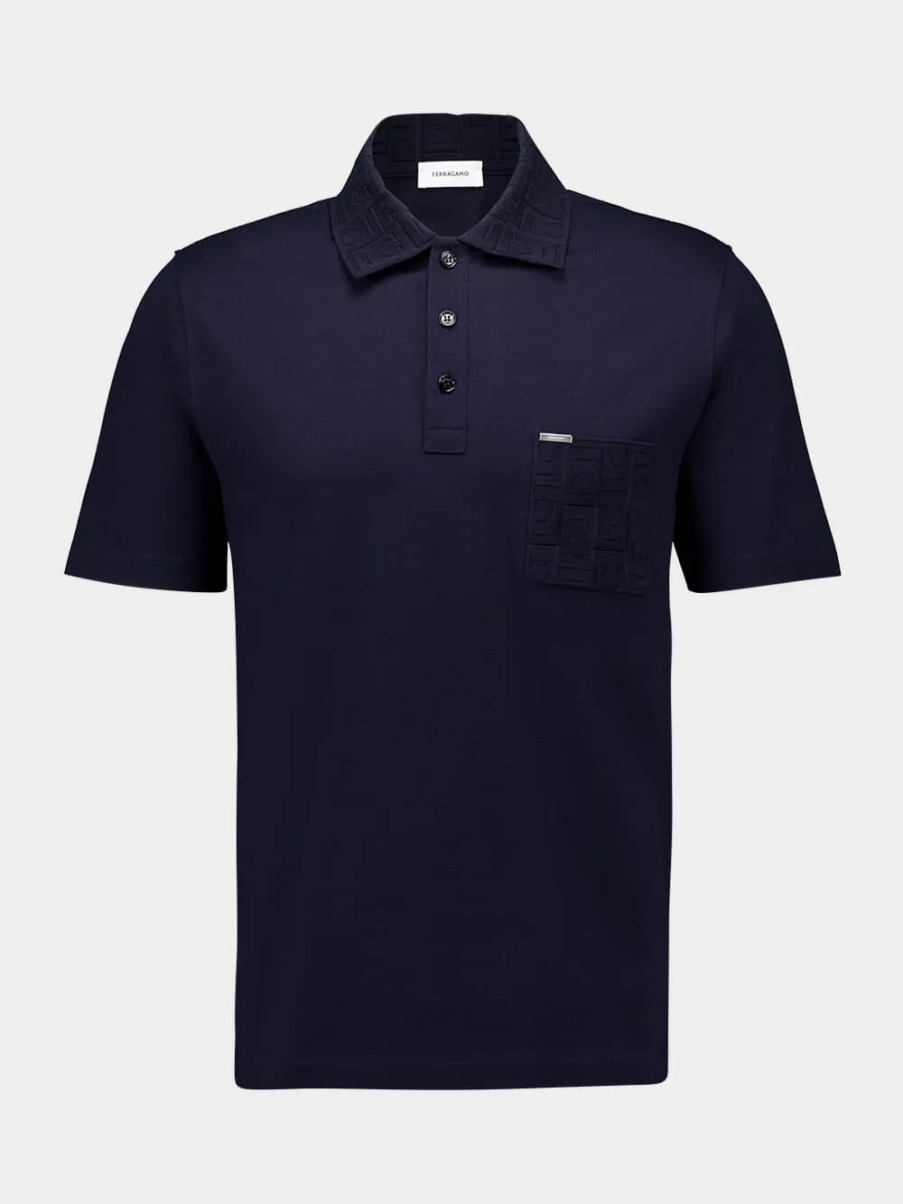 Navy Blue V-Neck Polo with Jacquard Detail sold by Fashion Clinic