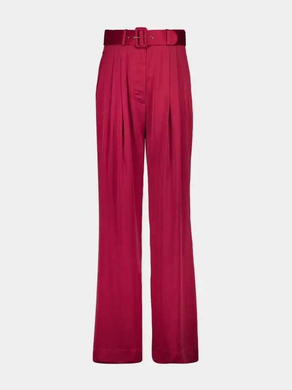 Deep Pink Loose Fit Tuck Silk Pants sold by Fashion Clinic