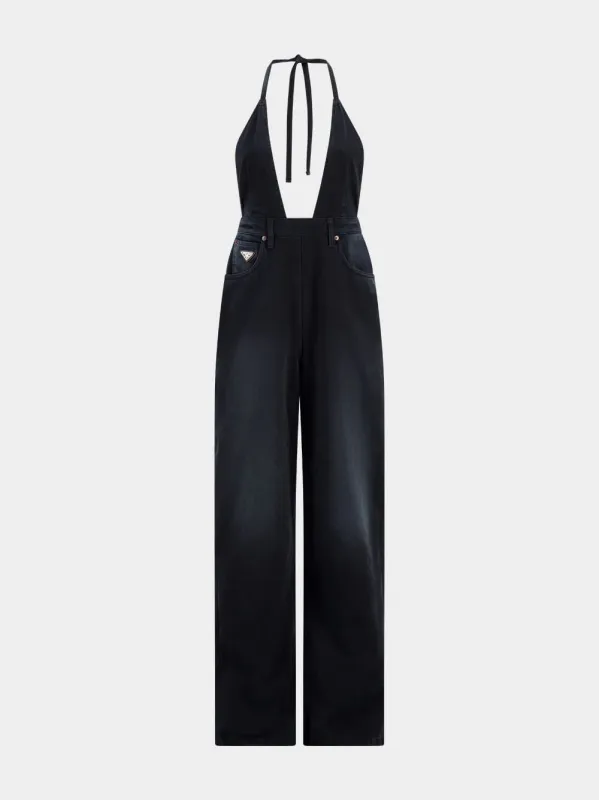 Black Denim Halterneck Jumpsuit sold by Fashion Clinic