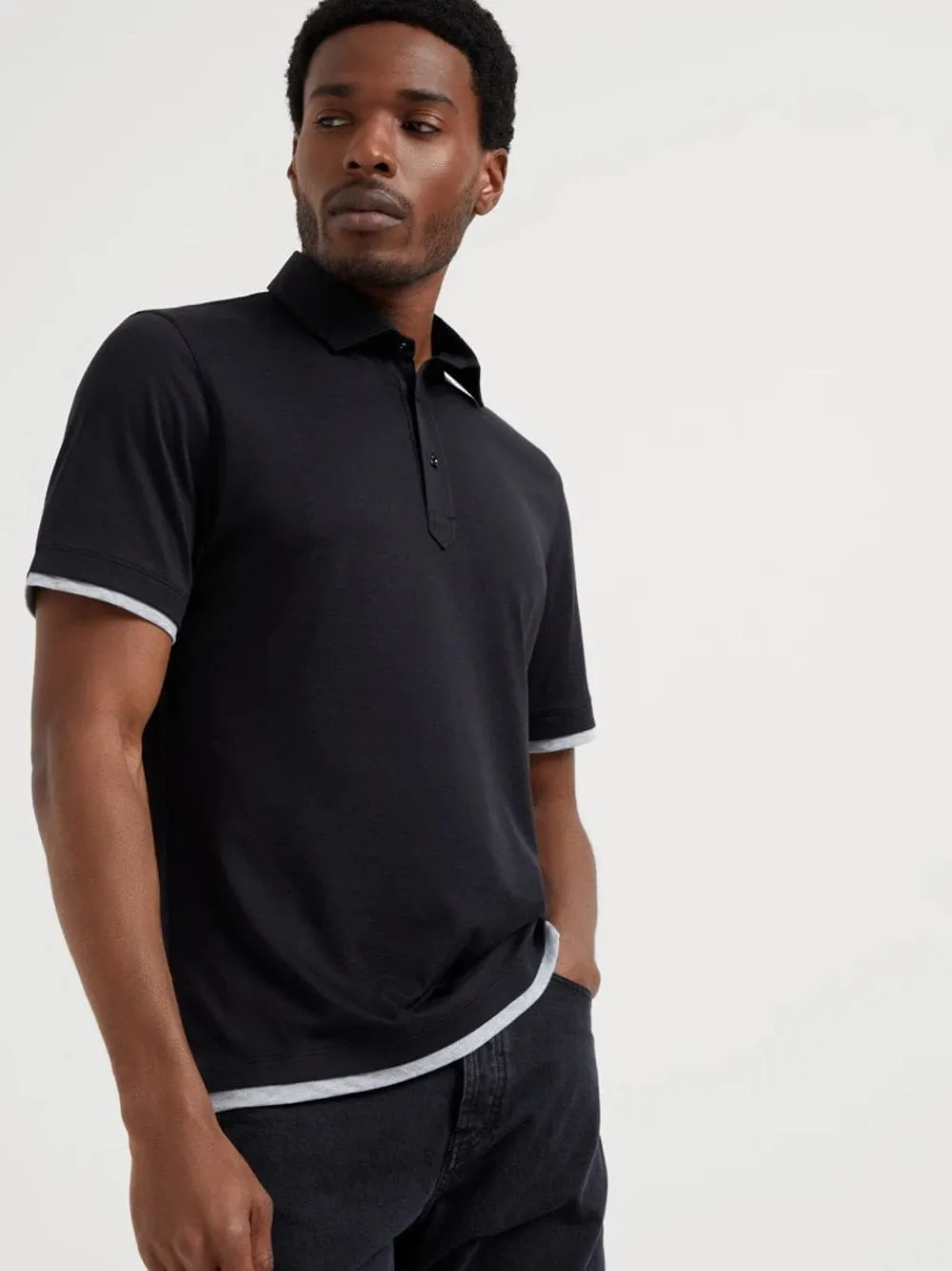 Black Silk-Cotton Faux-Layer Polo sold by Fashion Clinic product image thumbnail 2