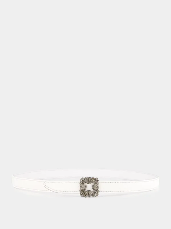 Off-White Satin Mini Hangisi Belt with Crystal Buckle made by Manolo Blahnik