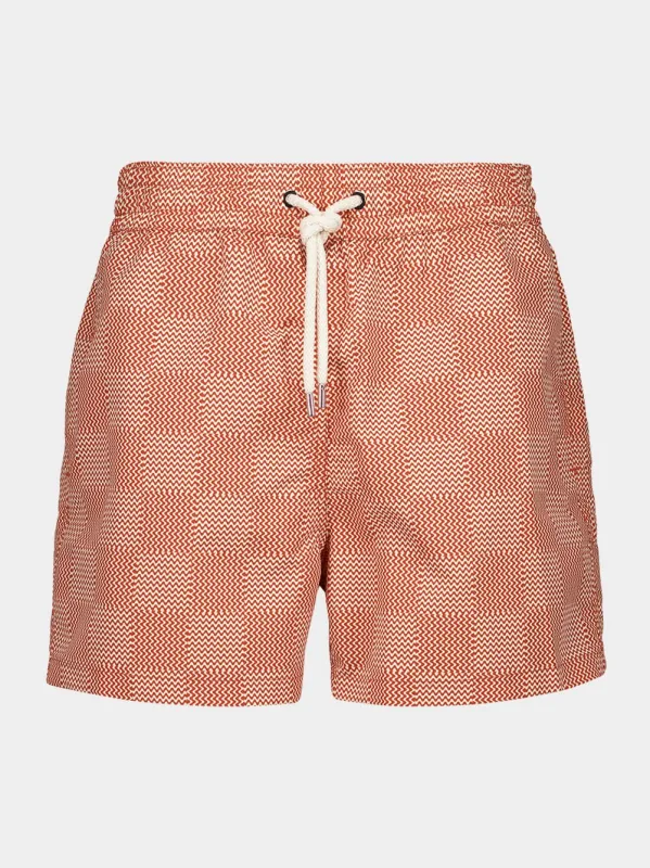 Check Print Orange Swim Shorts sold by Fashion Clinic