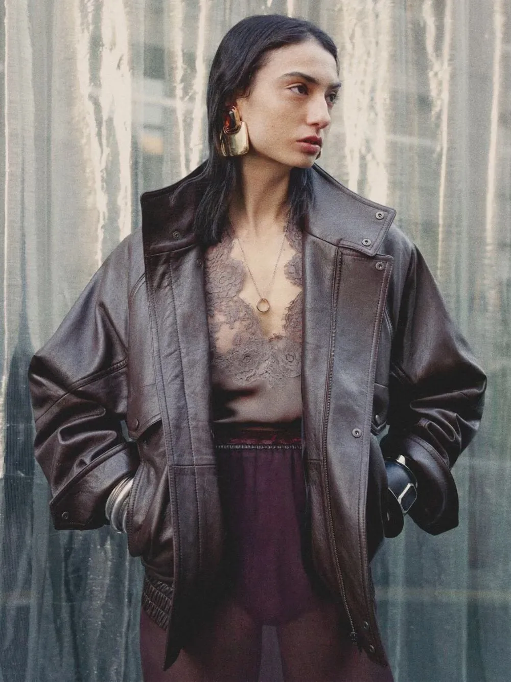 Marron Silk Charmeuse Halter Top with Lace sold by Fashion Clinic